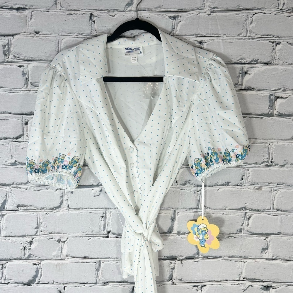 Unique Vintage x The Smurfs NEW Retro Polka Dot Blouse Top 1X/16 White Kidcore - Picture 9 of 12